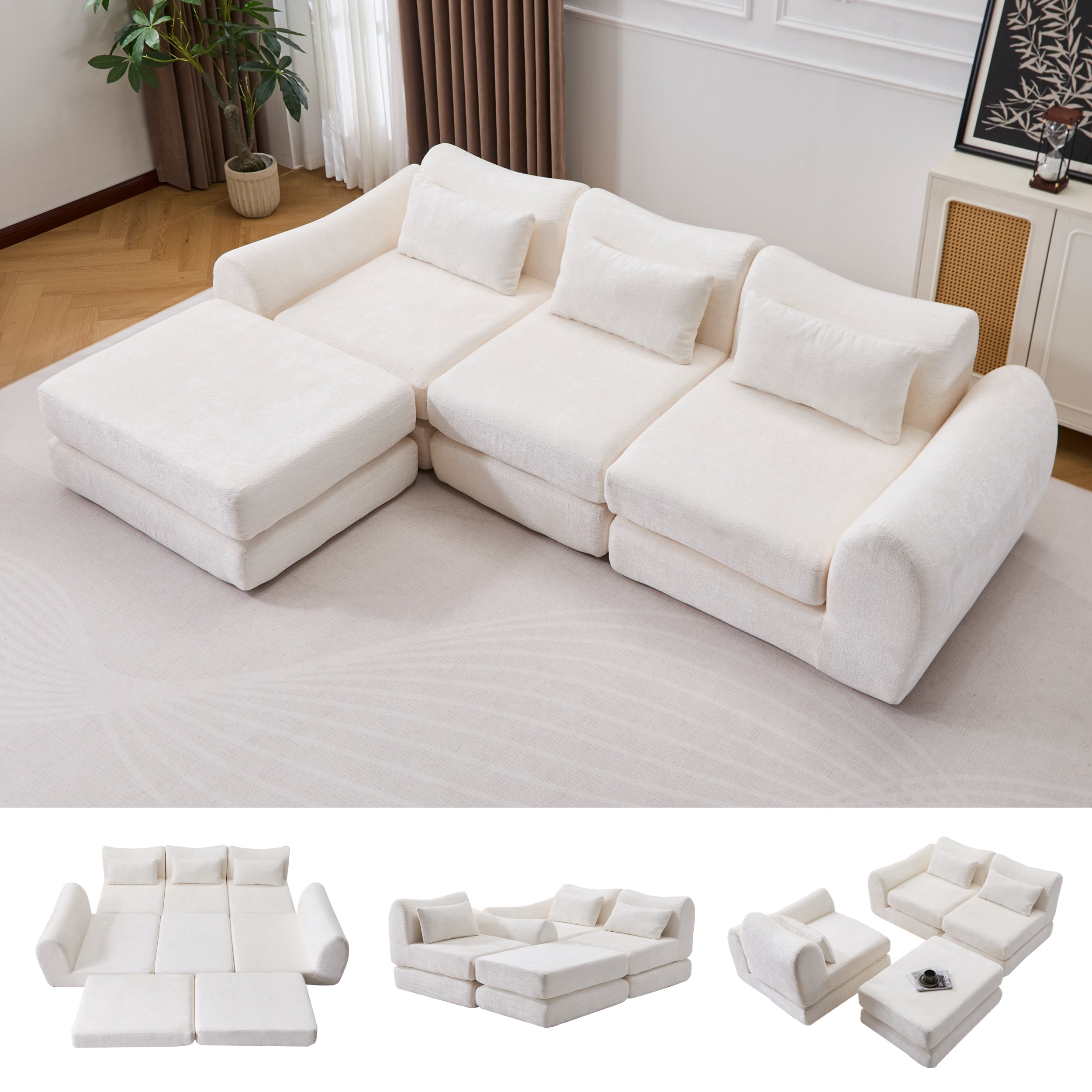 BSHTI Foldable Wave Star Modular Sofa, Chenille Fabric, 4-in-1 Modern Couch for Living Room, Modular Sectional Sofa with Chaise, Free Combination 3 Seater Sofa, White