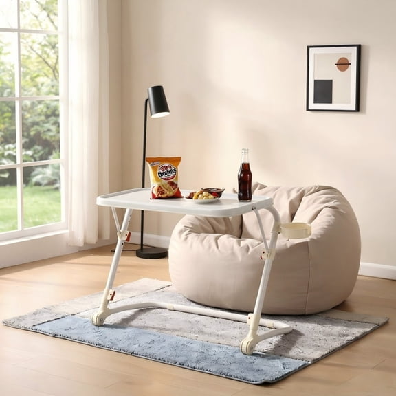 BSHTI Folding Table Tray with 4 Height & 3 Tilt Angle Settings – TV Tray Table with Cup Holder, Portable Laptop Desk for Eating on Couch or Bed, Space-Saving, White