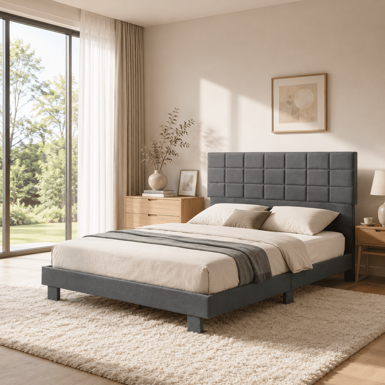 BSHTI Full Bed Frame with Adjustable Headboard, Linen Upholstered Platform Bed Frame with Wooden Slats Support, No Box Spring Needed for Bedroom, Guest Room, Apartment, Dark Grey
