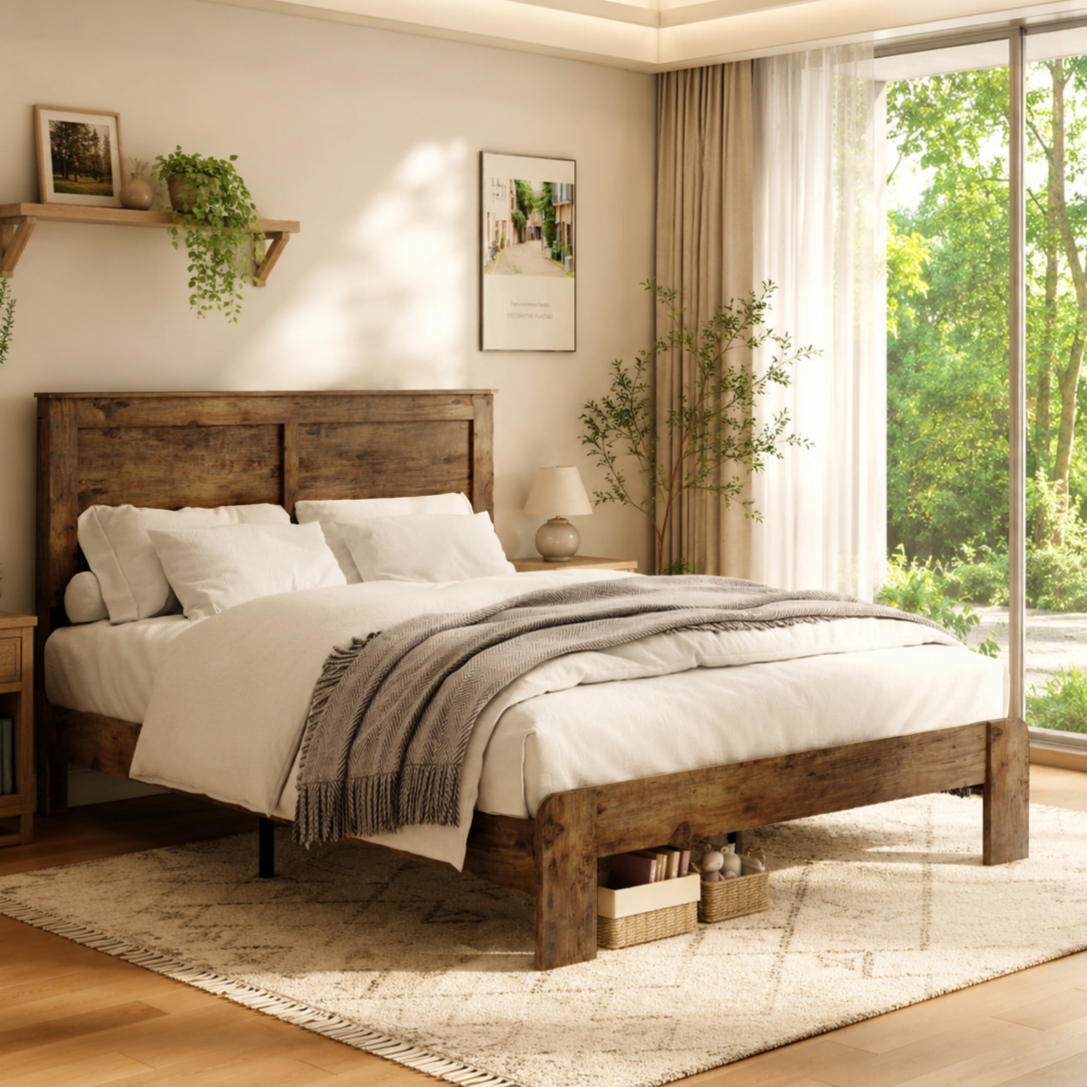 BSHTI Full Size Metal Wood Platform Bed Frame with Rustic Headboard, Footboard, Noise-Free Slat Support, No Box Spring Needed for Bedroom（Dark Brown）