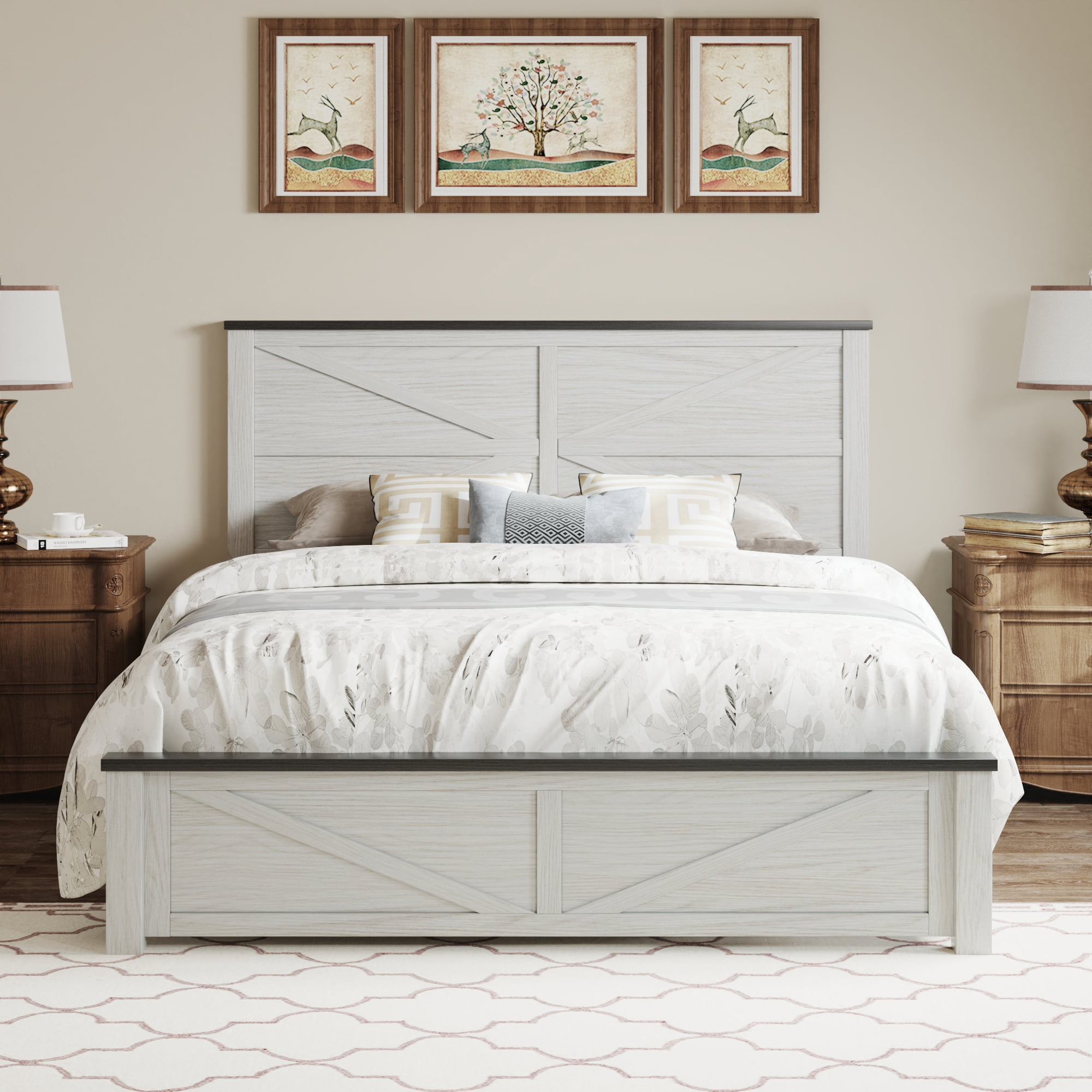 BSHTI Full Size Bed Frame with Wooden Headboard, Country and Farmhouse Style, White