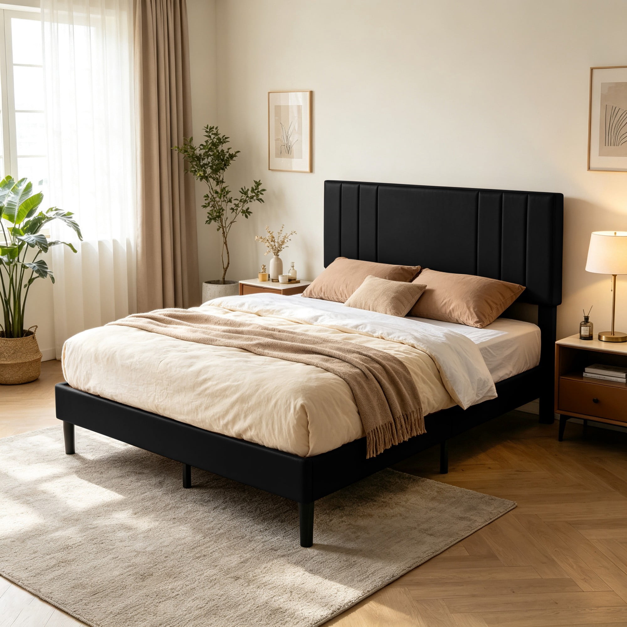 BSHTI Full Size Faux Leather Upholstered Platform Bed Frame with Adjustable Headboard, Wood Slats, No Box Spring Needed for Bedroom（Black）