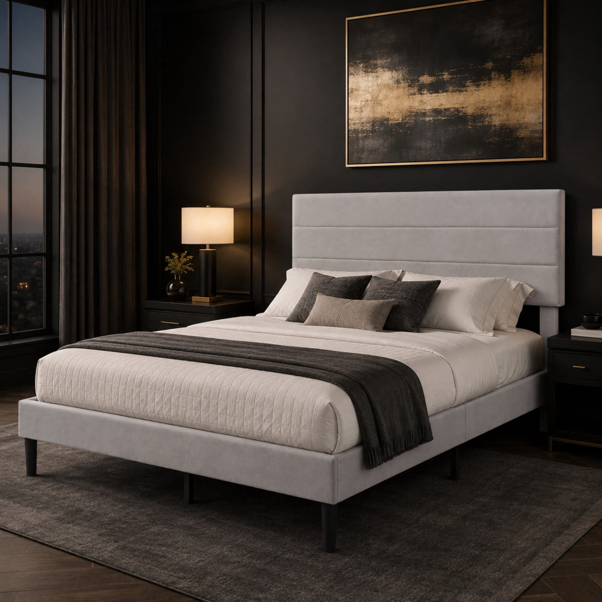 BSHTI Full Size Linen Blend Upholstered Platform Bed Frame with Soft Headboard, Wood Slats, No Box Spring Needed for Bedroom（Light Grey）