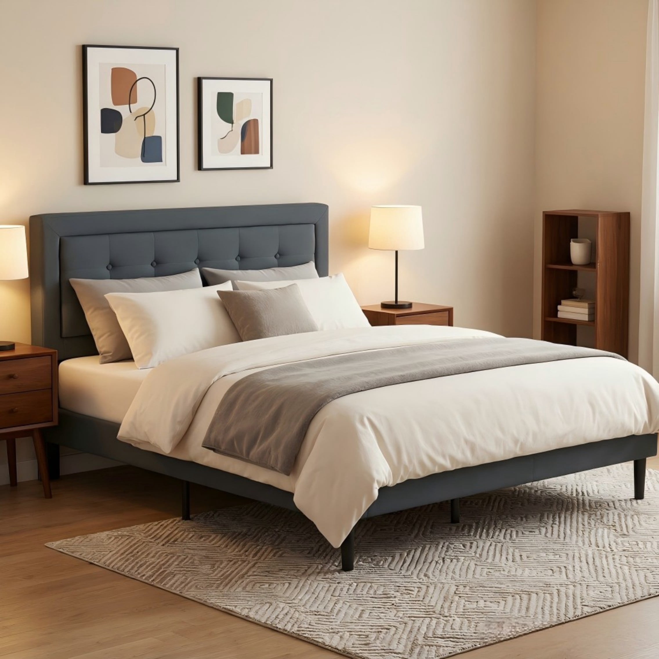 BSHTI Full Size Platform Bed Frame with Square Tufted Upholstered Headboard – Solid Wood Frame, 12 Wood Slats, Center Support Leg, Under-Bed Clearance, No Box Spring Needed