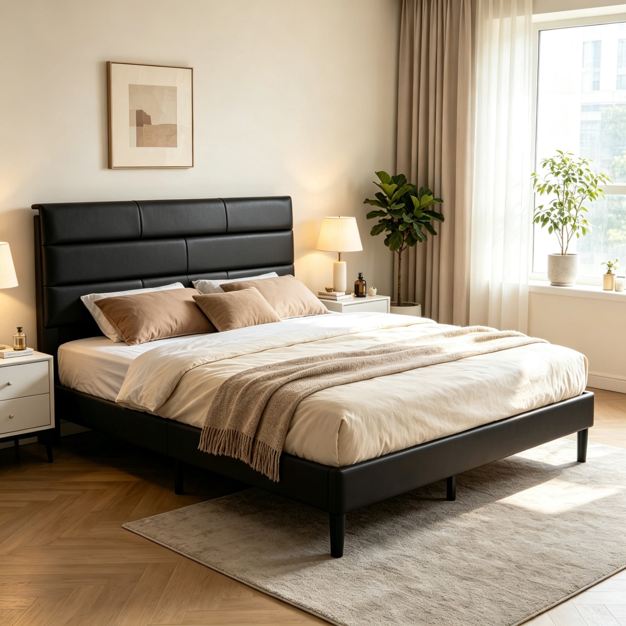 BSHTI Full Size PU Leather Platform Bed Frame with Upholstered Headboard, Wood Slats Support, No Box Spring Needed for Bedroom(Black)