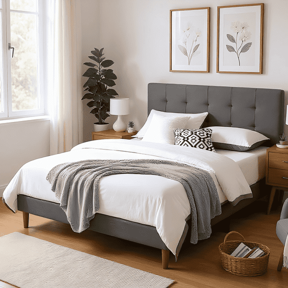BSHTI King-Size Platform Bed Frame with Plush Upholstered Headboard, Adjustable Headboard, Built with an Interior Solid Wood Frame and a Center Support Leg,No Box Spring Needed,Grey