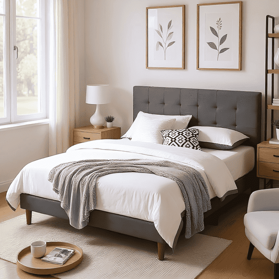 BSHTI Full-Size Platform Bed Frame with Plush Upholstered Headboard, Adjustable Headboard, Built with an Interior Solid Wood Frame and a Center Support Leg,Grey