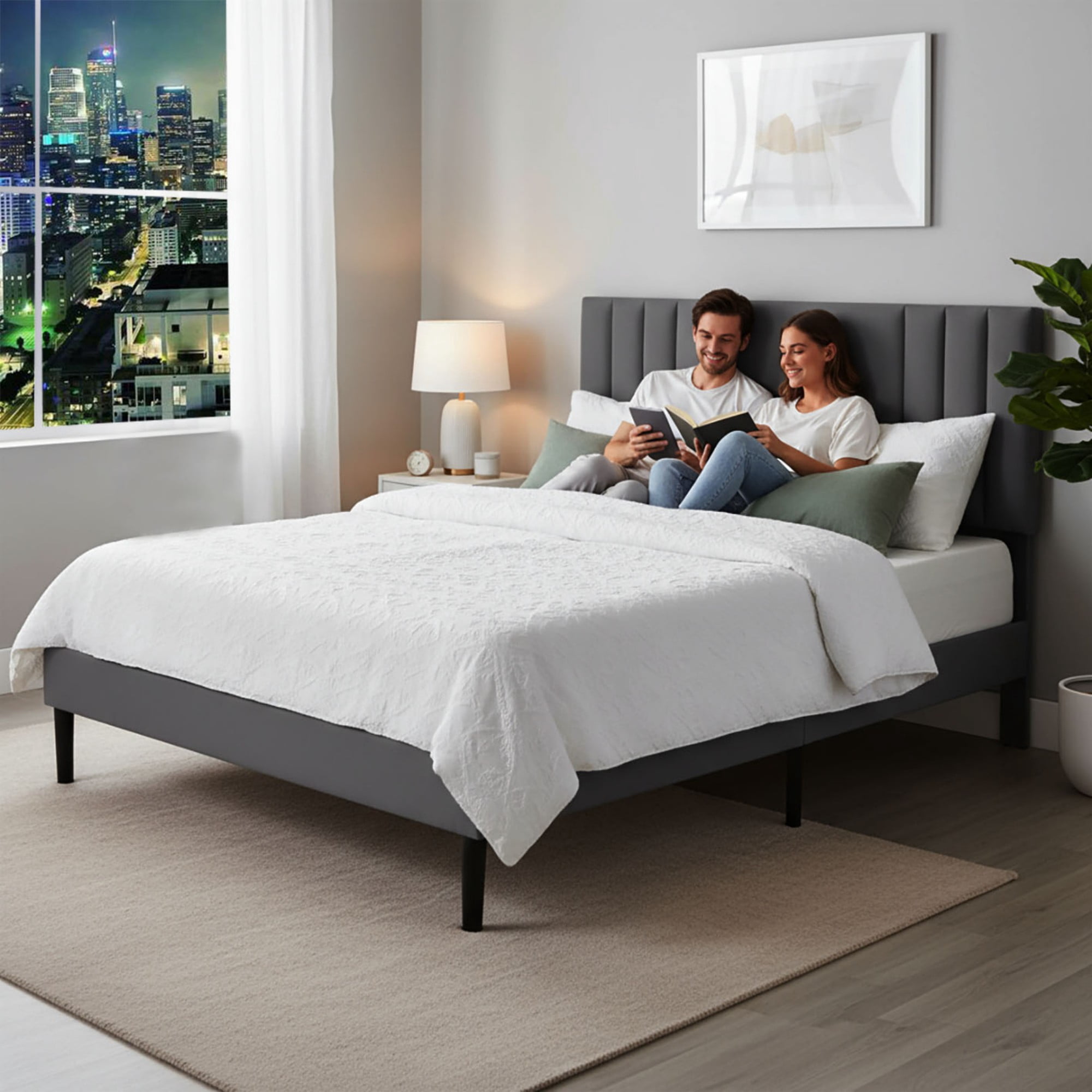BSHTI Full-Size Platform Bed Frame with PU Upholstered Headboard, wood slats support and a center support leg,Adjustable Headboard, Gray