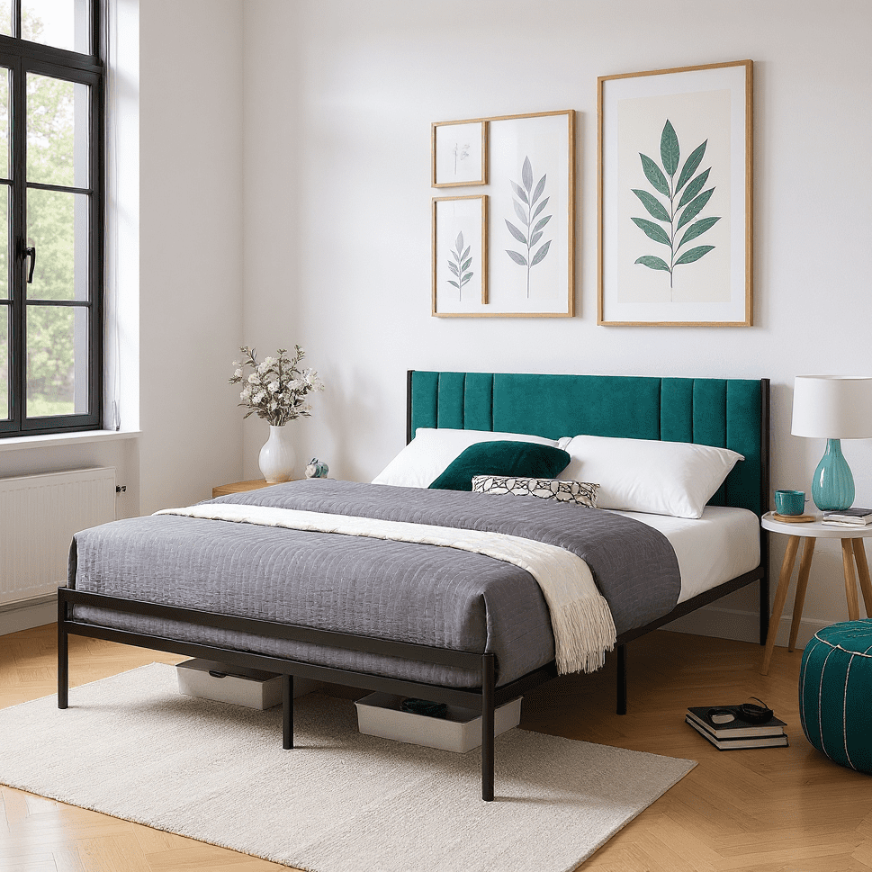 BSHTI Full Size Platform Bed Frame with Upholstered Headboard and wood slats,simple and elegant design Platform Bed Frame for livingroom