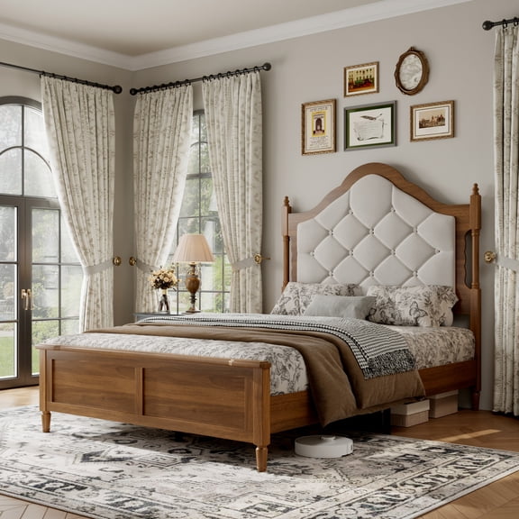 BSHTI Full Size Polyester Upholstered Platform Bed Frame with Tufted Headboard, Panel Footboard, No Box Spring for Bedroom(Walnut Brown)