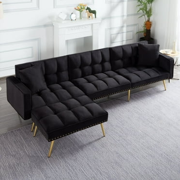 BSHTI Full Size Sectional Sleeper Sofa,Split Back,Black Velvet Upholstery,Reversible Ottoman,Convertible Sofa Bed,Perfect for Home,Office,and Guest Room
