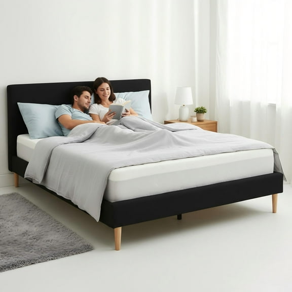 BSHTI Full-Size Teddy Velvet Upholstered Platform Bed Frame with Wooden Slat Support, High-Density Foam, Compatible with 8-14 Inches Thick Mattresses, Black