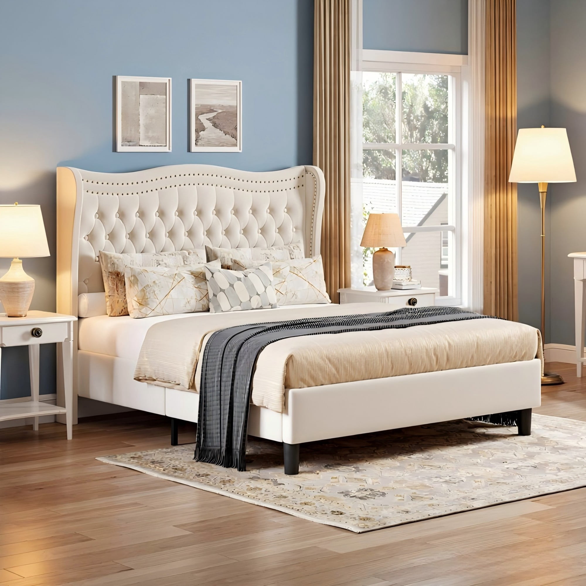 BSHTI Full Size Upholstered Bed Frame with Wingback Headboard – Velvet Diamond Tufting & Double Nail Trim, No Box Spring Needed, Beige