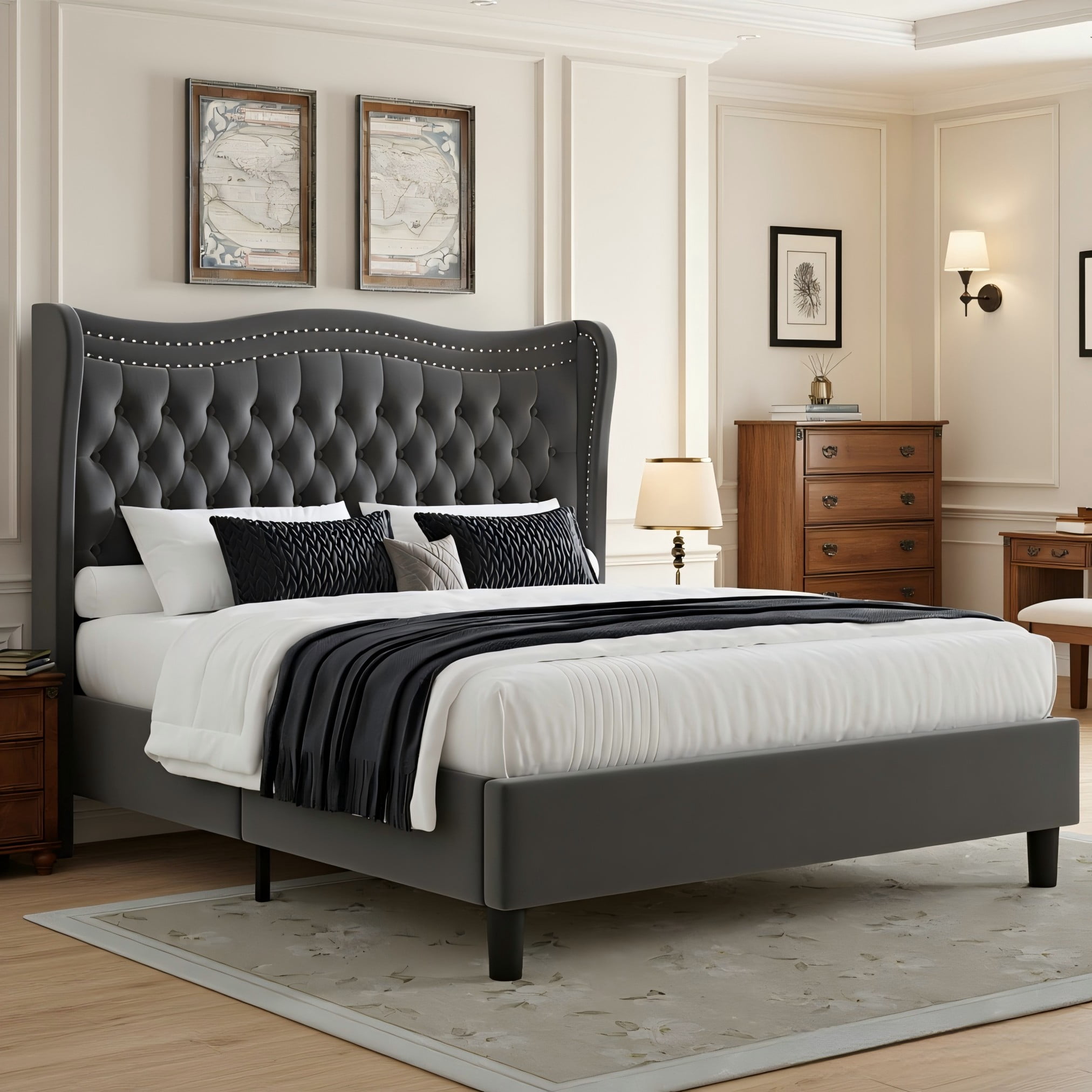 BSHTI Full Size Upholstered Bed Frame with Wingback Headboard – Velvet Diamond Tufting & Double Nail Trim, No Box Spring Needed, Gray