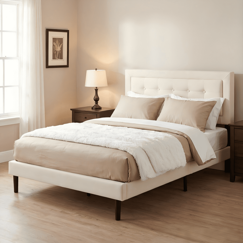 BSHTI Full Size Upholstered Platform Bed Frame with Square Tufted Headboard, Solid Wood Frame, 10 Wood Slats, No Box Spring Needed（Beige ）
