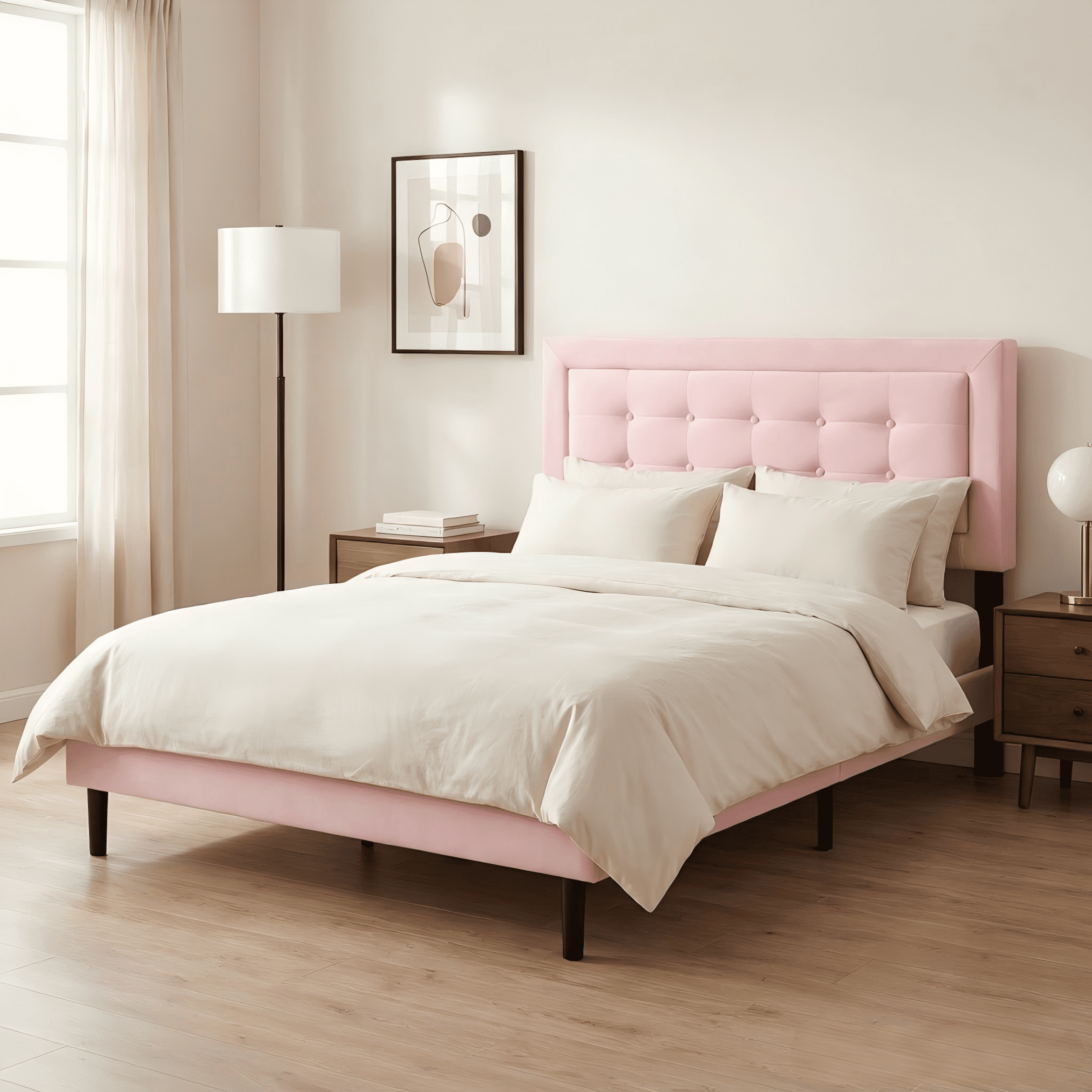 BSHTI Full Size Upholstered Platform Bed Frame with Square Tufted Headboard, Solid Wood Frame, 10 Wood Slats, No Box Spring Needed（Pink ）