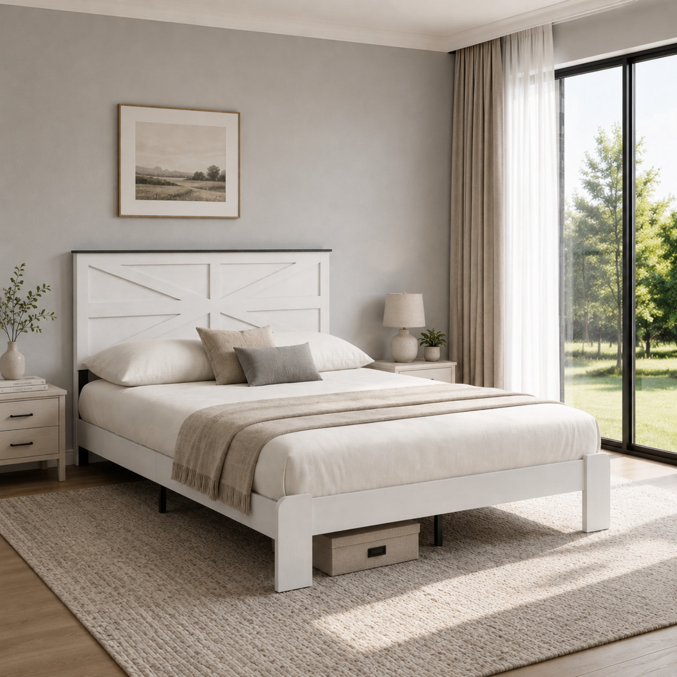 BSHTI Full Metal Wood Platform Bed Frame with Headboard, No Box Spring Needed, Under-Bed Storage for Bedroom（White）