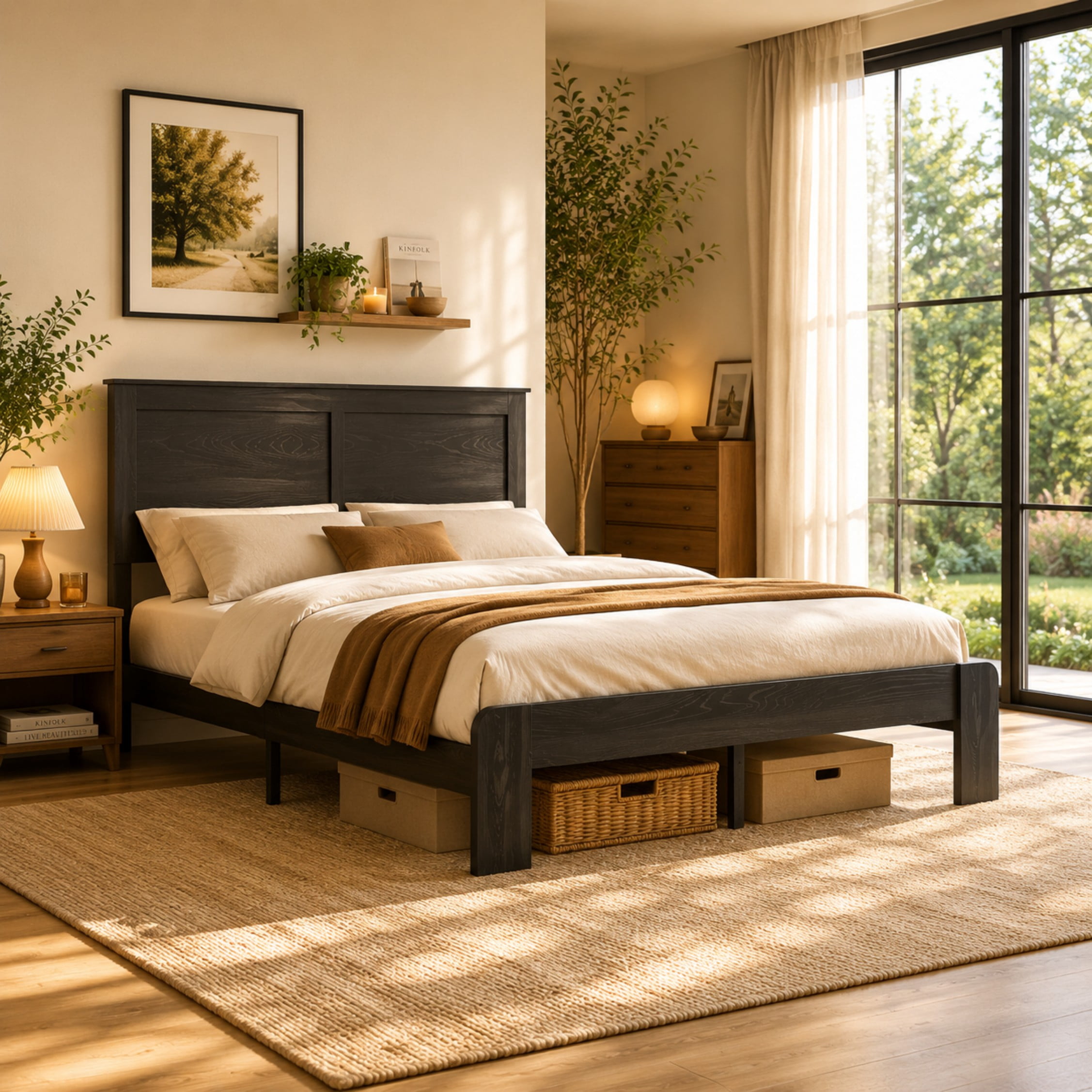 BSHTI Full Size Wood Platform Bed Frame with Headboard, Solid and Stable Metal & Wood Construction for Bedroom, Easy Assembly, Noise Free, No Box Spring Needed, Antique Black
