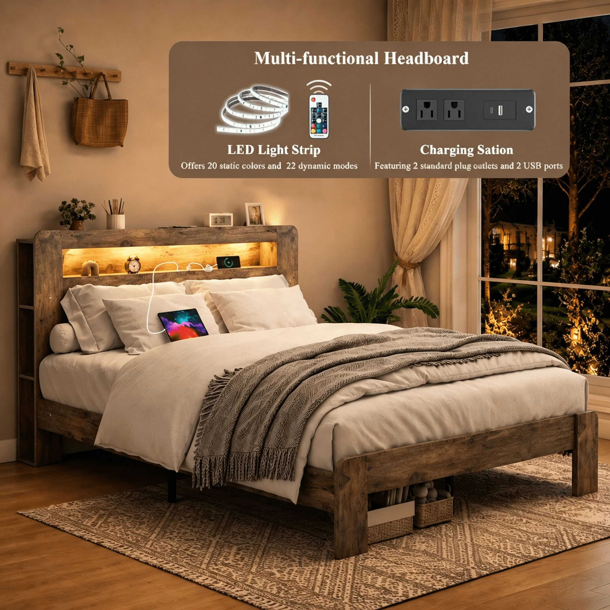 BSHTI Full Wood Platform Bed Frame with Storage Headboard, Side Shelves, LED Lights, USB Ports, No Box Spring Needed(Vintage Brown)