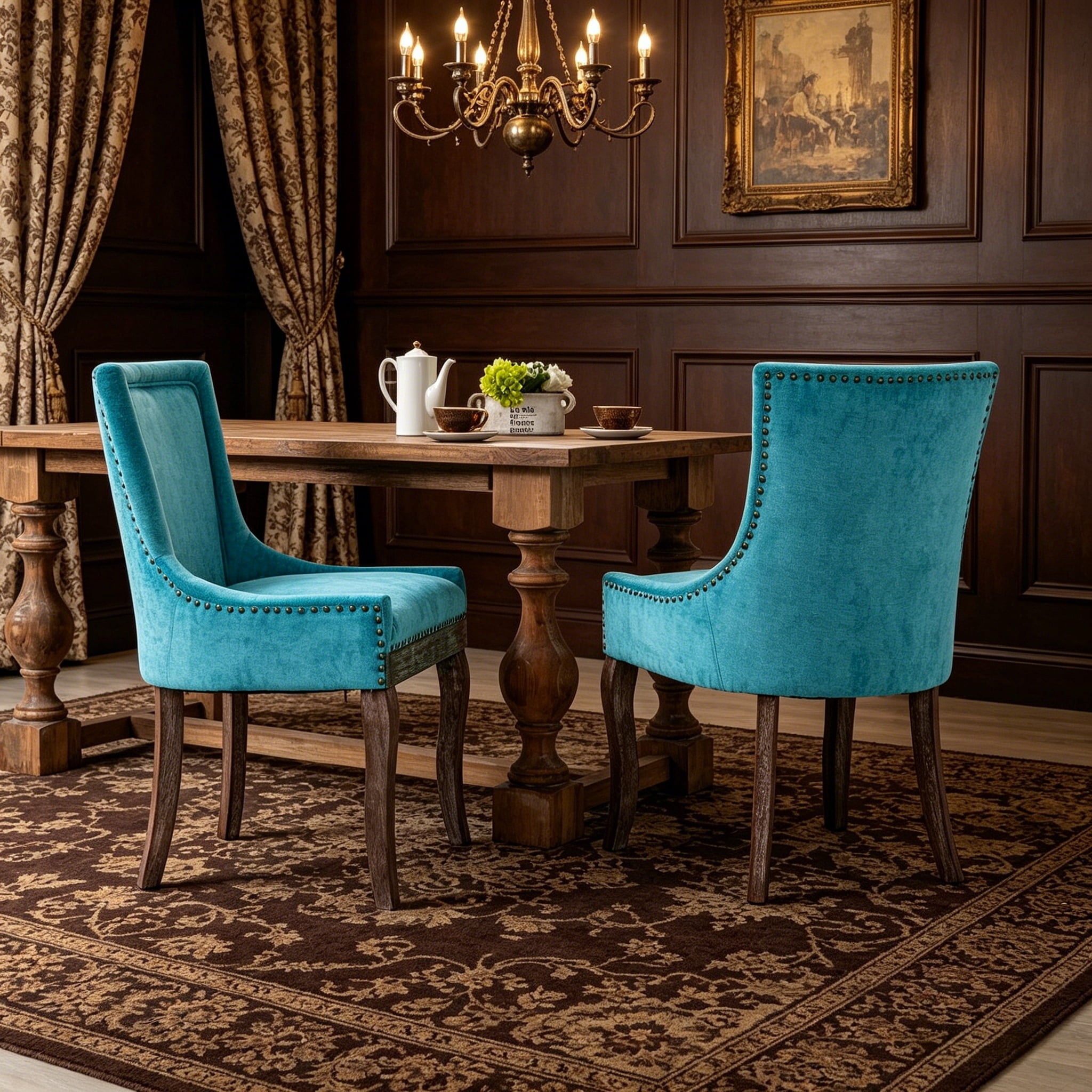 BSHTI Furniture Ultra Side Dining Chair Set of 2, Blue Thickened Fabric Chairs with Neutral Solid Wood Legs & Bronze Nail Head – Ideal for Dining or Living Room