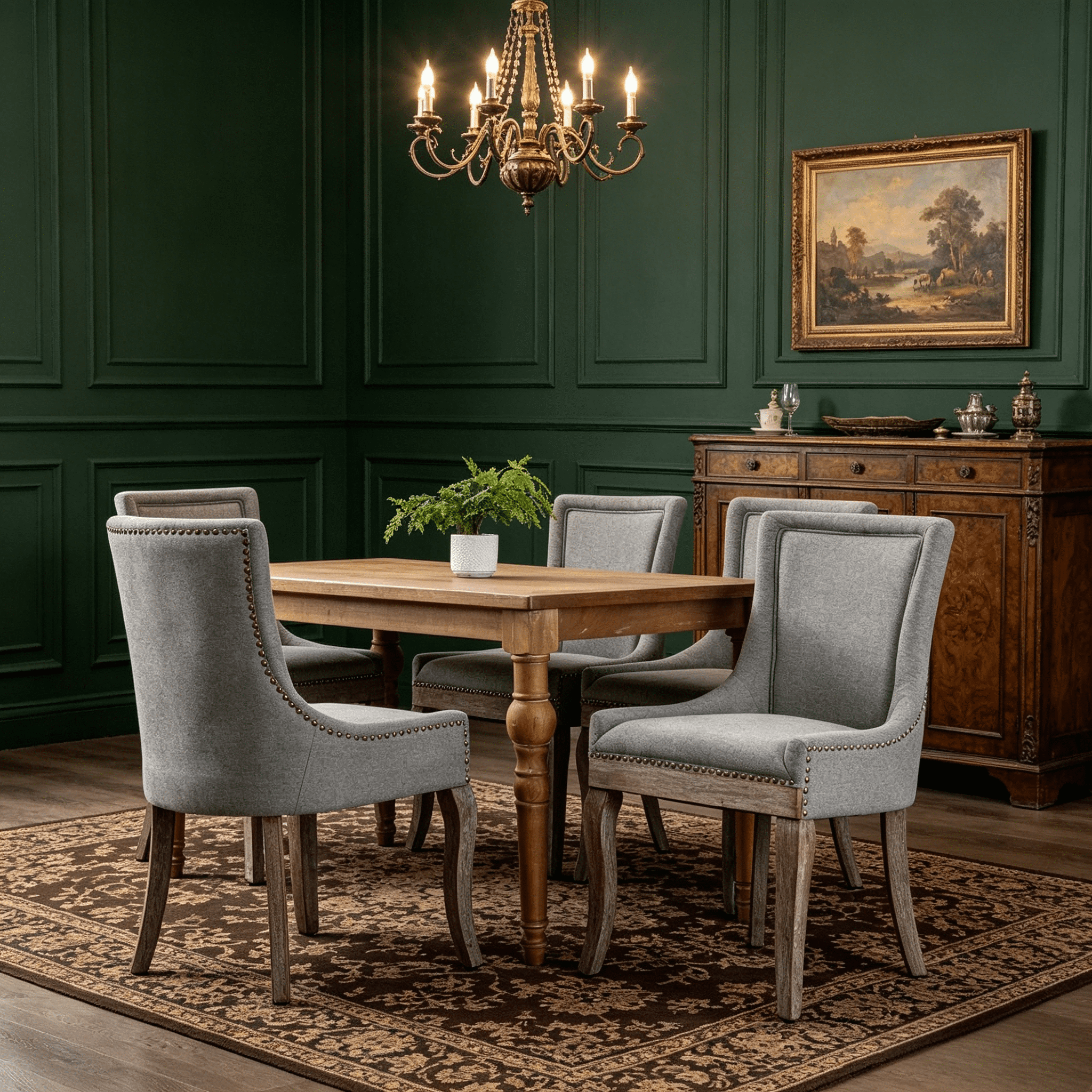 BSHTI Furniture Ultra Side Dining Chair Set of 2, Gray Fabric Upholstered Chairs with Solid Wood Legs, Bronze Nail Head Accents – Modern Dining Room Chairs