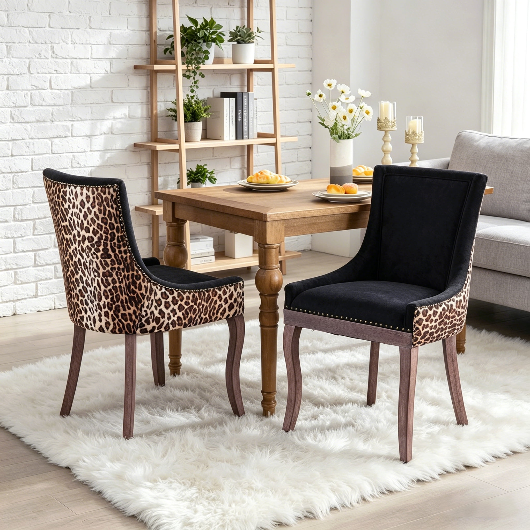 BSHTI Furniture Ultra Side Dining Chair Set of 2, Leopard Print Thickened Fabric Chairs with Neutral Solid Wood Legs & Bronze Nail Head – Statement Animal Print Dining Chair