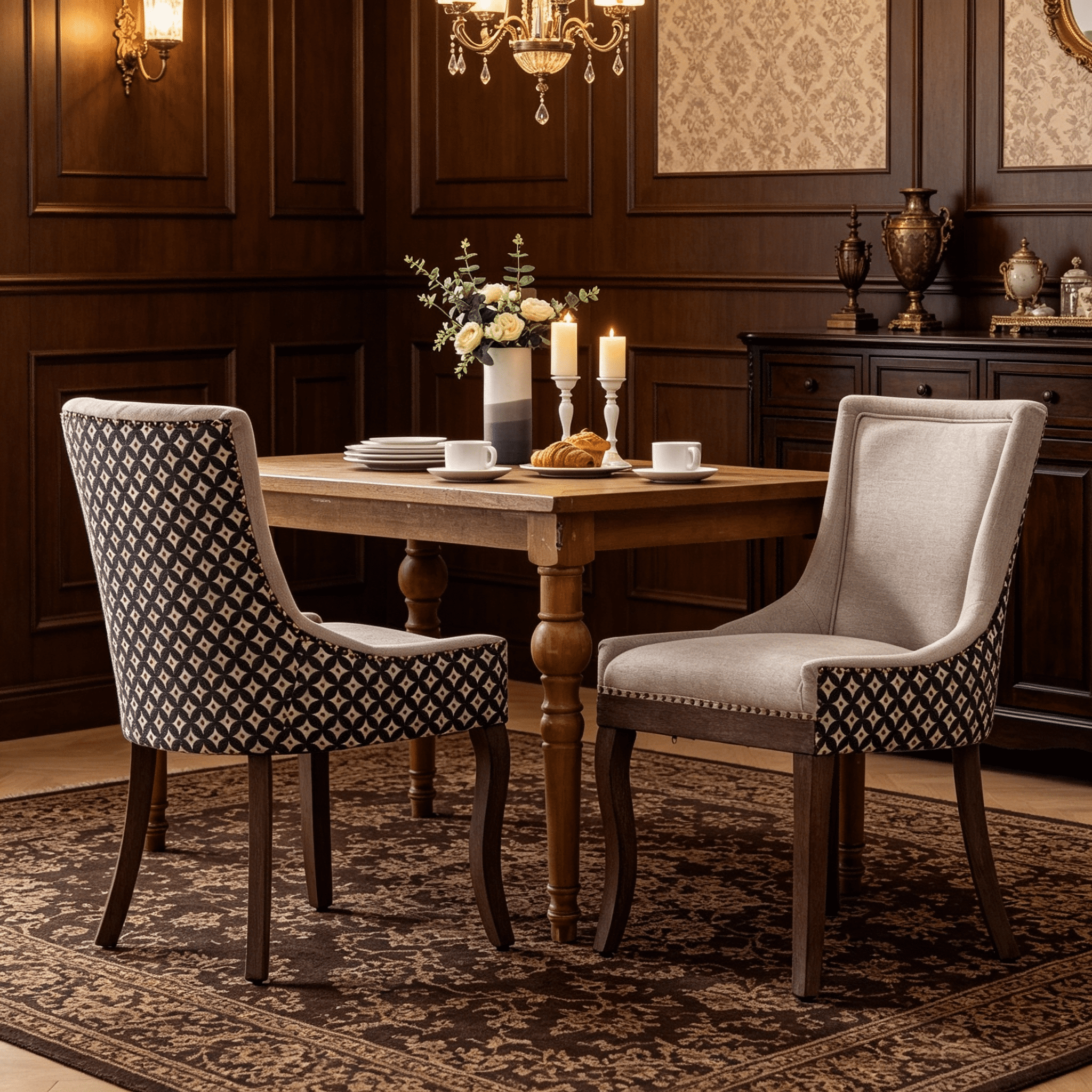 BSHTI Furniture Ultra Side Dining Chair Set of 2, Beige Patterned Fabric Chairs with Solid Wood Legs & Bronze Nail Head Trim, Unique Accent Seating