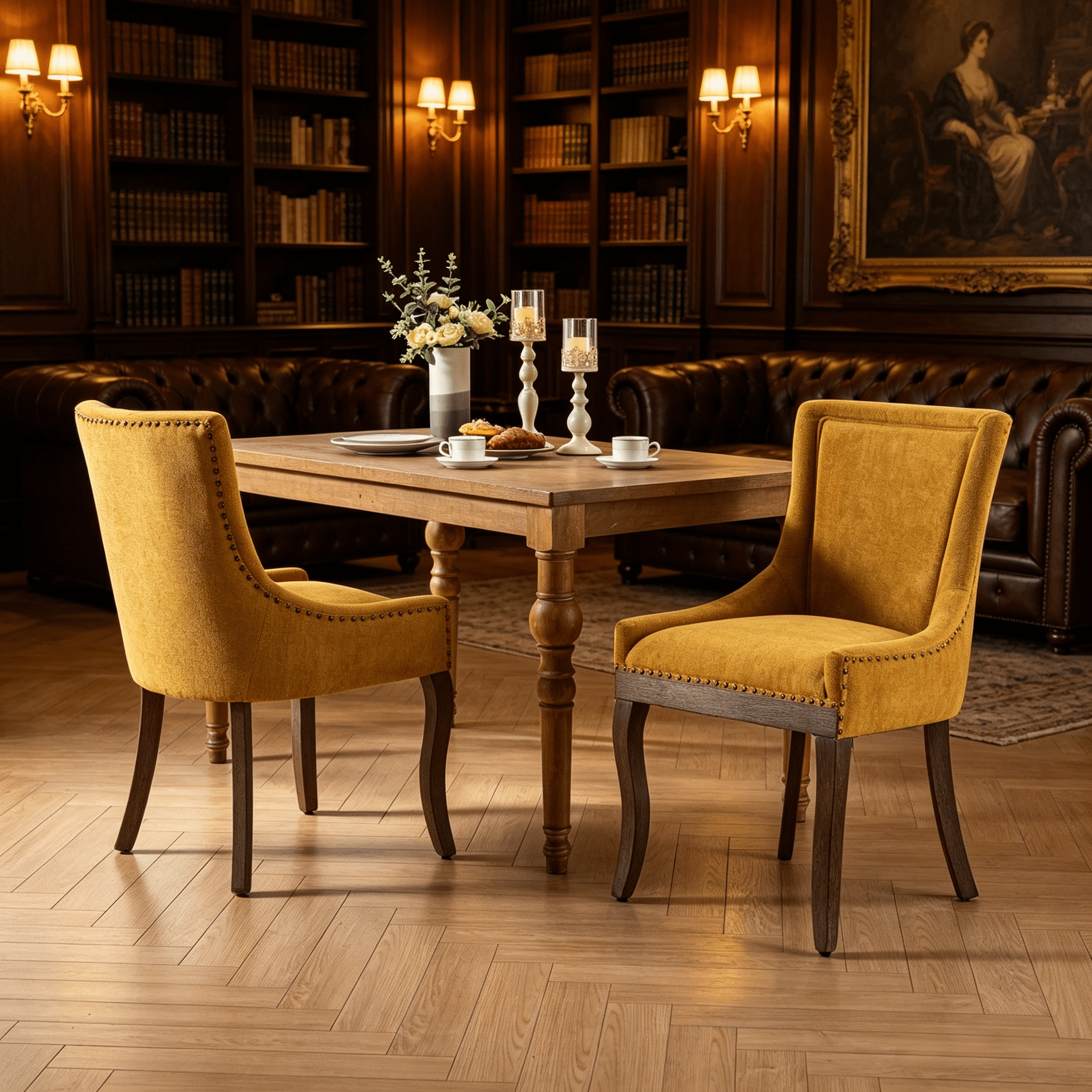 BSHTI Furniture Ultra Side Dining Chair Set of 2, Golden Yellow Fabric Upholstered Chairs with Neutral Solid Wood Legs & Bronze Nail Head