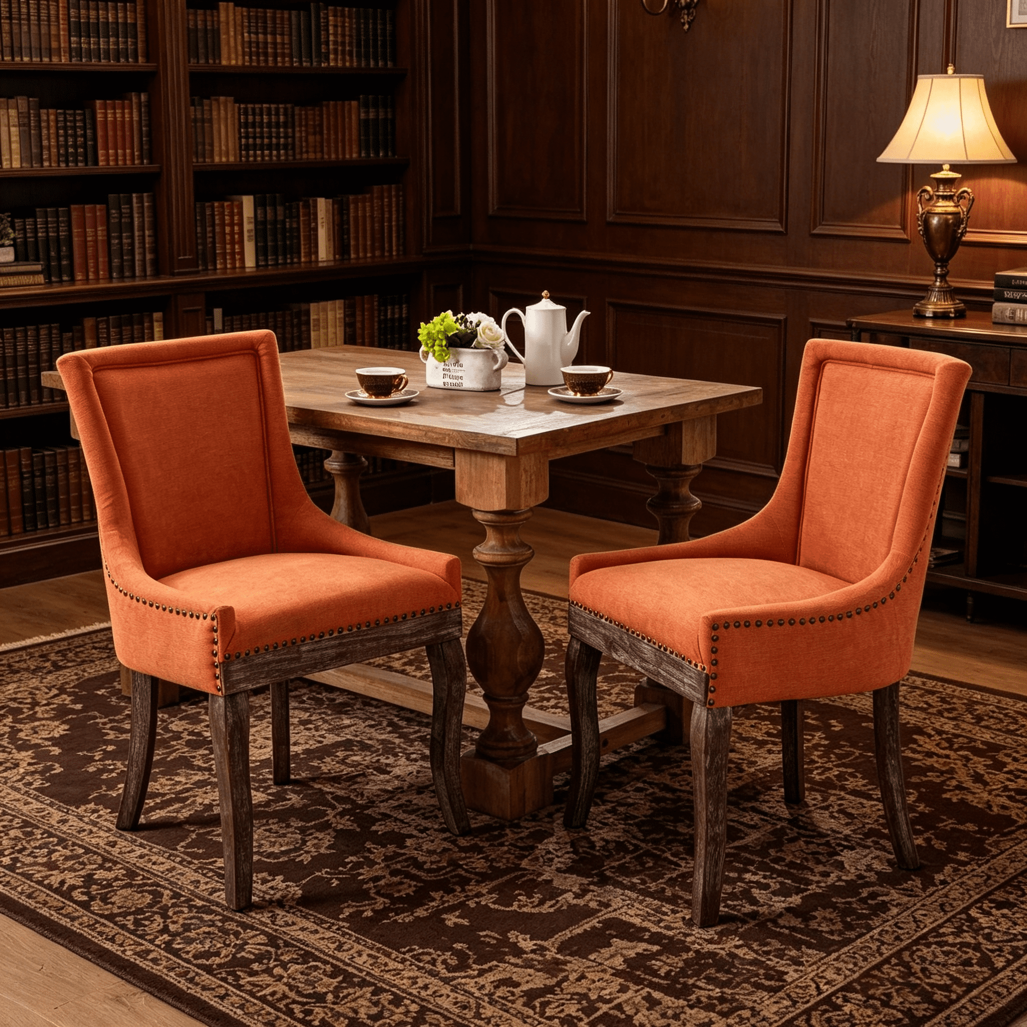 BSHTI Furniture Ultra Side Dining Chair Set of 2, Orange Upholstered Fabric Chairs with Solid Wood Legs & Bronze Nail Head – Modern Accent Seating