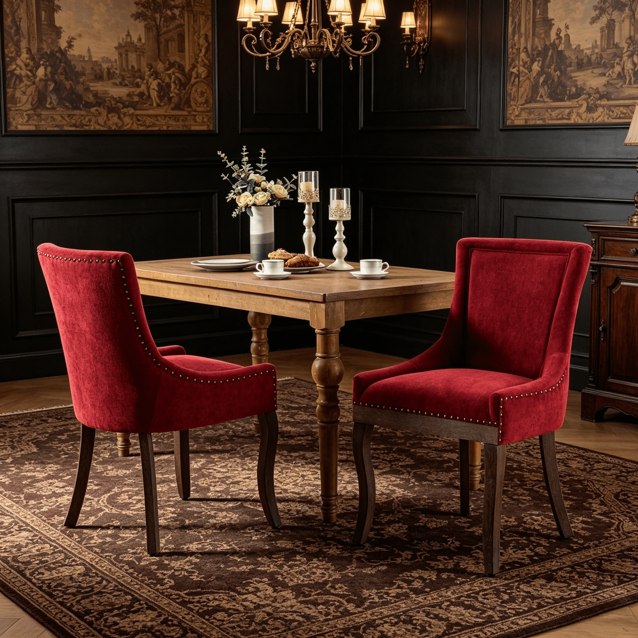 BSHTI Furniture Ultra Side Dining Chair Set of 2, Wine Red Burgundy Thickened Fabric Chairs with Solid Wood Legs & Bronze Nail Head