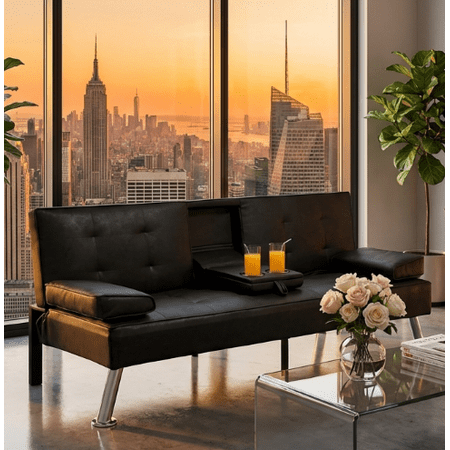 BSHTI 69.49" Convertible Futon Sofa Bed with Drop Down Cup Holders, 5-Position Adjustable Backrest, Side Storage Pocket, Removable Arm Cushions for Small Space,Black
