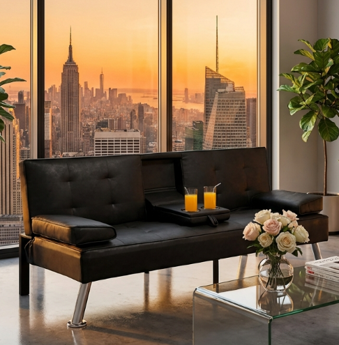 BSHTI 69.49" Convertible Futon Sofa Bed with Drop Down Cup Holders, 5-Position Adjustable Backrest, Side Storage Pocket, Removable Arm Cushions for Small Space,Black