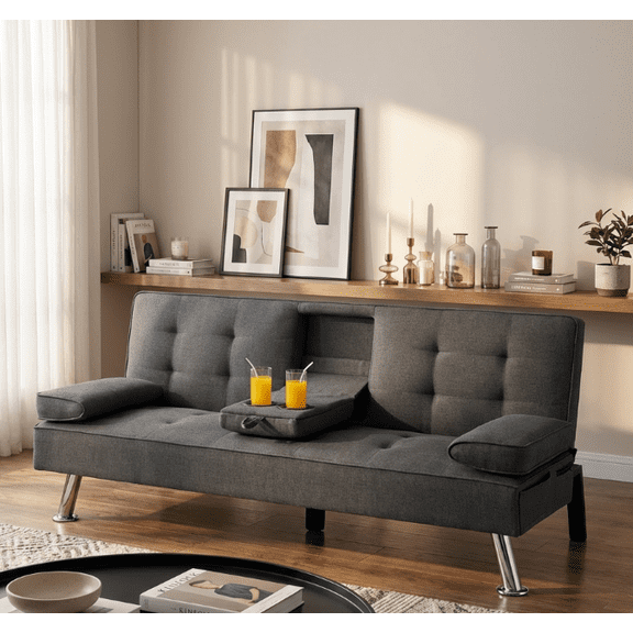 BSHTI Futon Convertible Sleeper Sofa Bed,With 3-Position Adjustable Backrest,Upholstered in Polyester Fabric,a Side Storage Pocket,Twin-Size Sleeper Sofa,Dark Gray