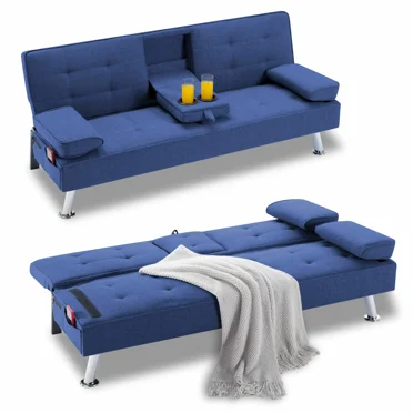 BSHTI Futon Convertible Sleeper Sofa Bed,With 3-Position Adjustable Backrest,Upholstered in Polyester Fabric,a Side Storage Pocket,Twin-Size Sleeper Sofa,Navy Blue