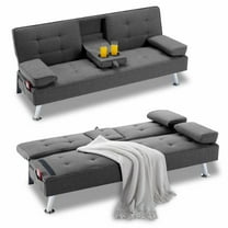 BSHTI Futon Convertible Sleeper Sofa Bed,With 3-Position Adjustable Backrest,Upholstered in Polyester Fabric,a Side Storage Pocket,Twin-Size Sleeper Sofa,Dark Gray