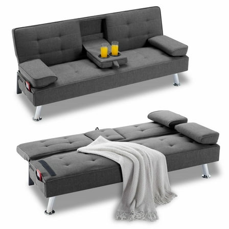 BSHTI Futon Convertible Sleeper Sofa Bed,With 3-Position Adjustable Backrest,Upholstered in Polyester Fabric,a Side Storage Pocket,Twin-Size Sleeper Sofa,Dark Gray