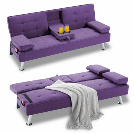 BSHTI Futon Convertible Sleeper Sofa Bed,With 3-Position Adjustable Backrest,Upholstered in Polyester Fabric,a Side Storage Pocket,Twin-Size Sleeper Sofa,Purple