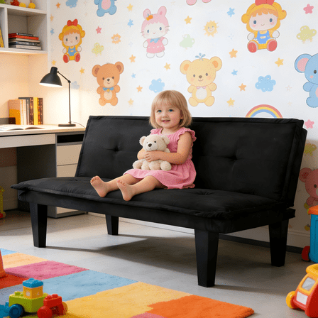 BSHTI 63.8”Futon Convertible Sofa Bed,3 Adjustable Backrest Positions,Upholstered with Faux Suede,Twin Size Futon Sleeper Sofa(Black)