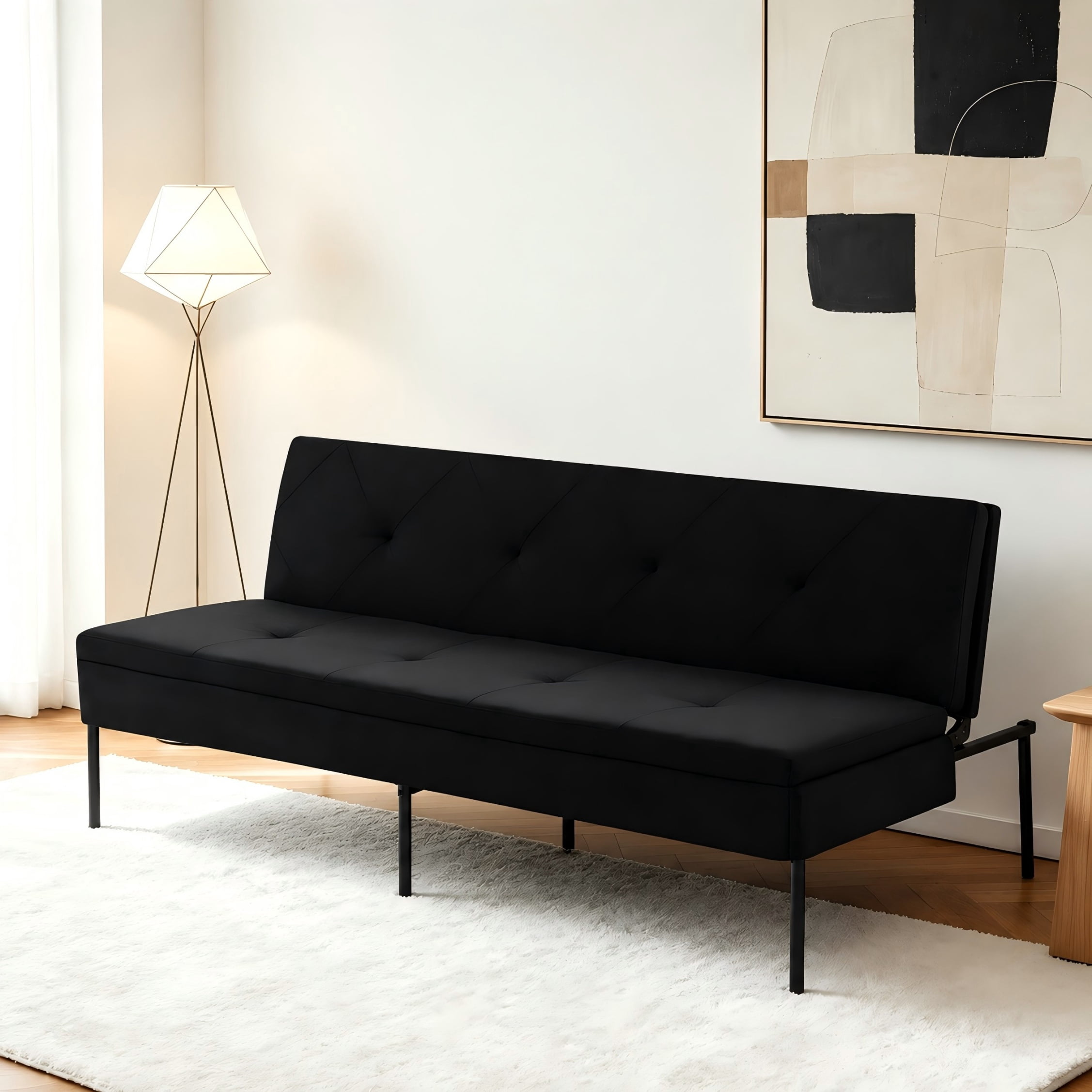 BSHTI 63.39” Futon Sofa Bed, 5 Adjustable Positions, Iron Frame with Black, Polyester Fabric, Convertible Sleeper for Living Room Office, Small Spaces, Black