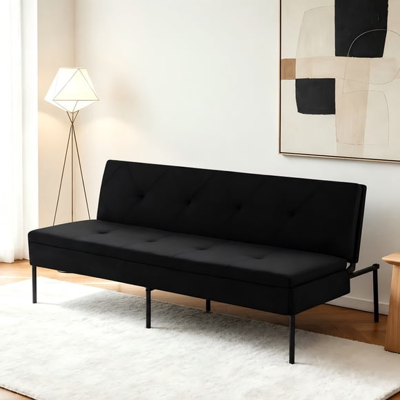 BSHTI 63.39” Futon Sofa Bed, 5 Adjustable Positions, Iron Frame with Black, Polyester Fabric, Convertible Sleeper for Living Room Office, Small Spaces, Black