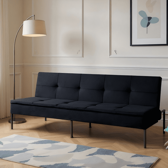 BSHTI Futon Convertible Sofa Bed,Polyester Fabric Upholstered,All Iron Frame Futon Sleeper,5 Adjustable Backrest Positions,Perfect for Small Spaces(Black)