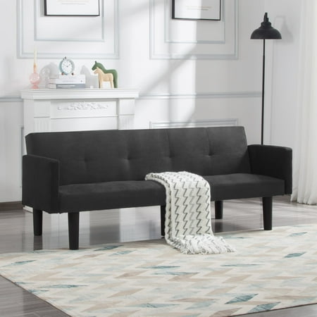 BSHTI Futon Convertible Sofa Bed,Twin Size Sleeper,2 Seating Faux Suede Sofas,3 Adjustable Positions Backrest,Perfect for Small Spaces(Dark Gray)