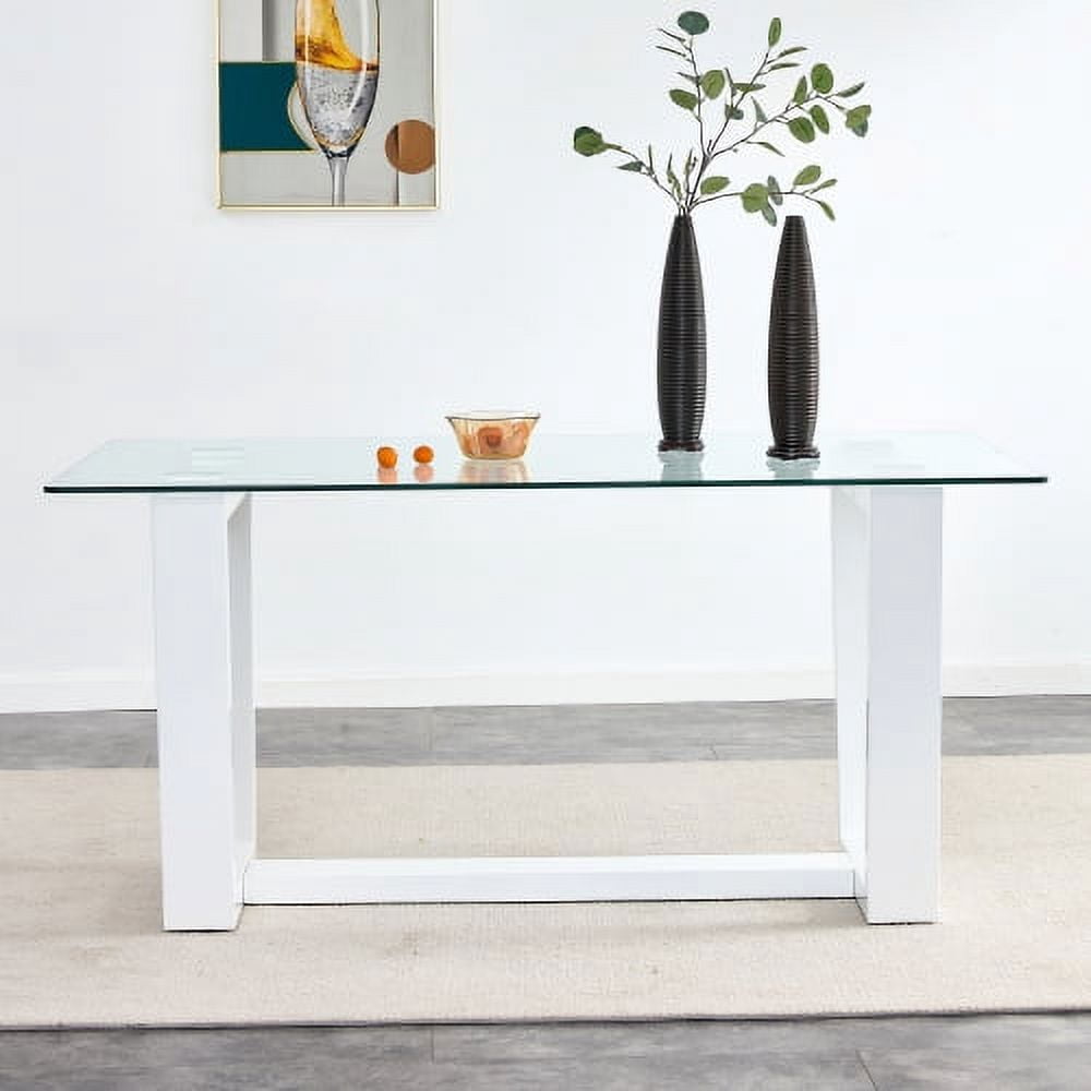 BSHTI Glass Dining Table Large Modern Minimalist Rectangular for 6-8 with 0.4" Tempered Glass Tabletop and white MDF Trapezoid Bracket,For Kitchen Dining Living Meeting Room Banquet Hall