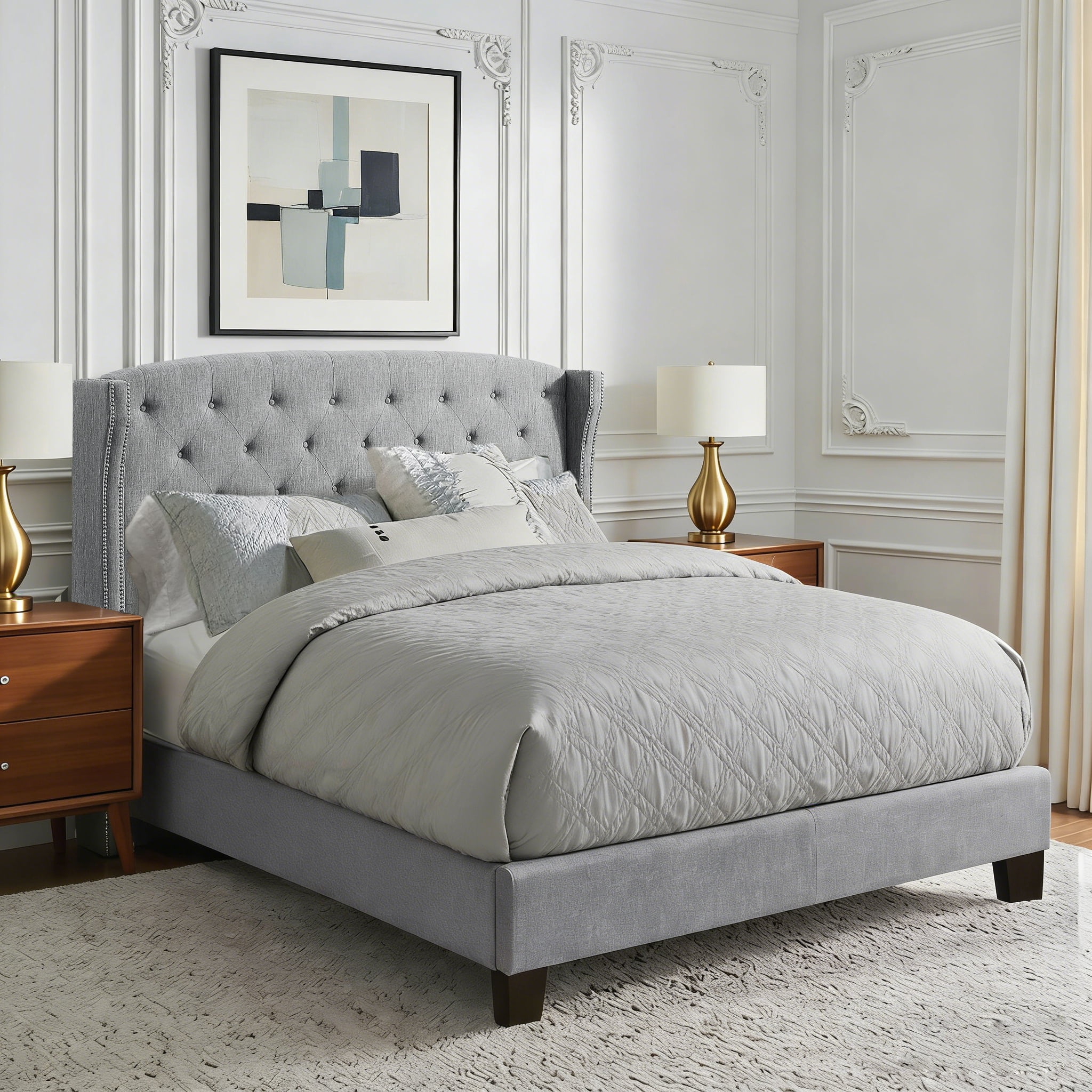 BSHTI Grey Tufted Wingback Full Size Bed, Upholstered Platform Bed Frame with Button Tufted Headboard, Box Spring Needed, Modern Bedroom Furniture