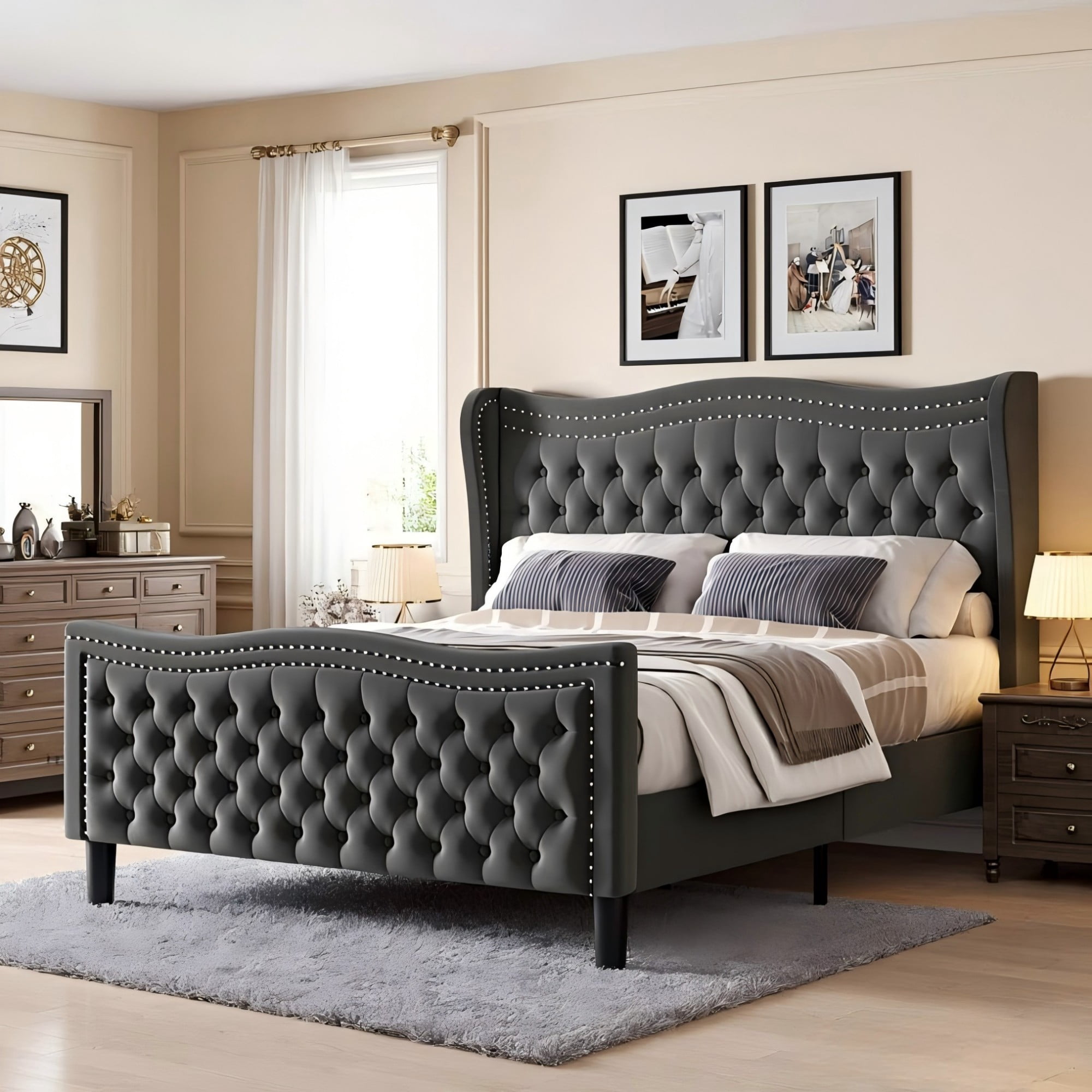 BSHTI Upholstered Queen Size Bed Frame – Diamond Tufted Wingback Headboard, No Box Spring Needed（Grey）
