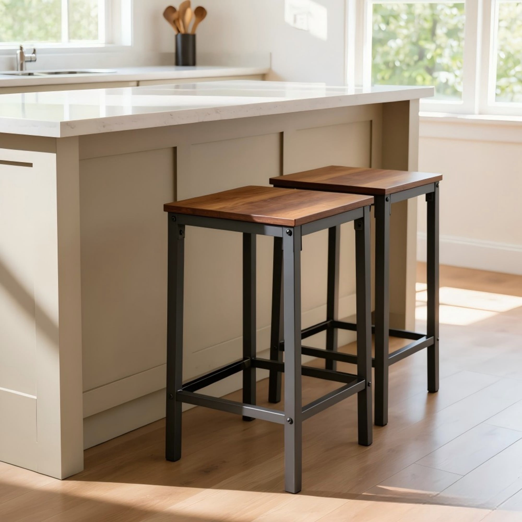 BSHTI Height Bar Stools Set of 2 – 26" Wooden Modern Backless Kitchen Island Stools, Metal Frame, Built-in Foot Pads, Vintage Design for Dining Room, Pub, Cafe