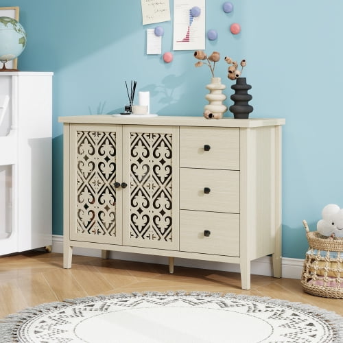 BSHTI Hollowed-out Cabinet with 2 Door 3 Drawers, American Furniture, Suitable for Bedroom, Living Room, Study