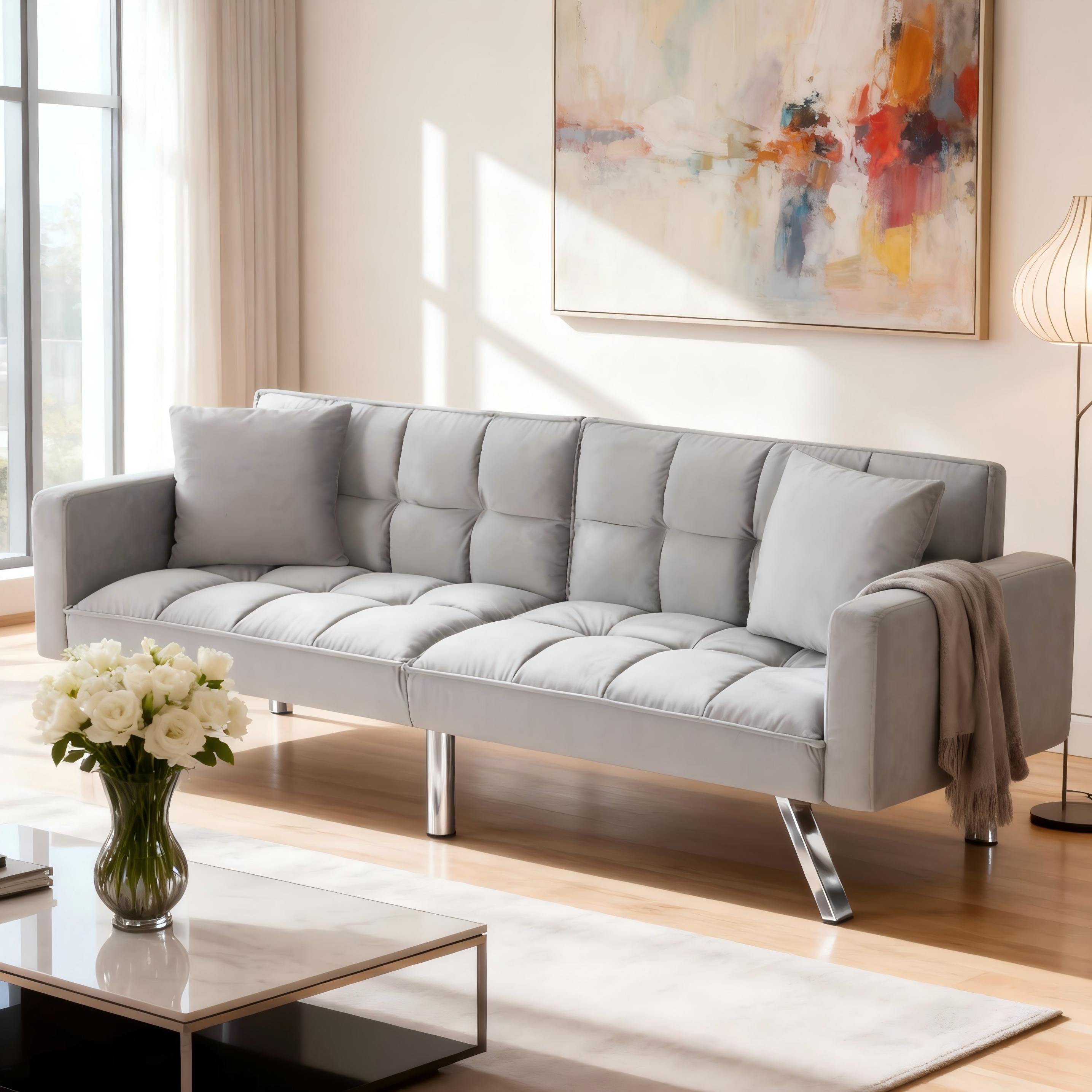 BSHTI Convertible Velve Sofa Bed,Velvet Futon Sofa ,Sleeper Couch with Armrest and 2 Pillows for Livingroom