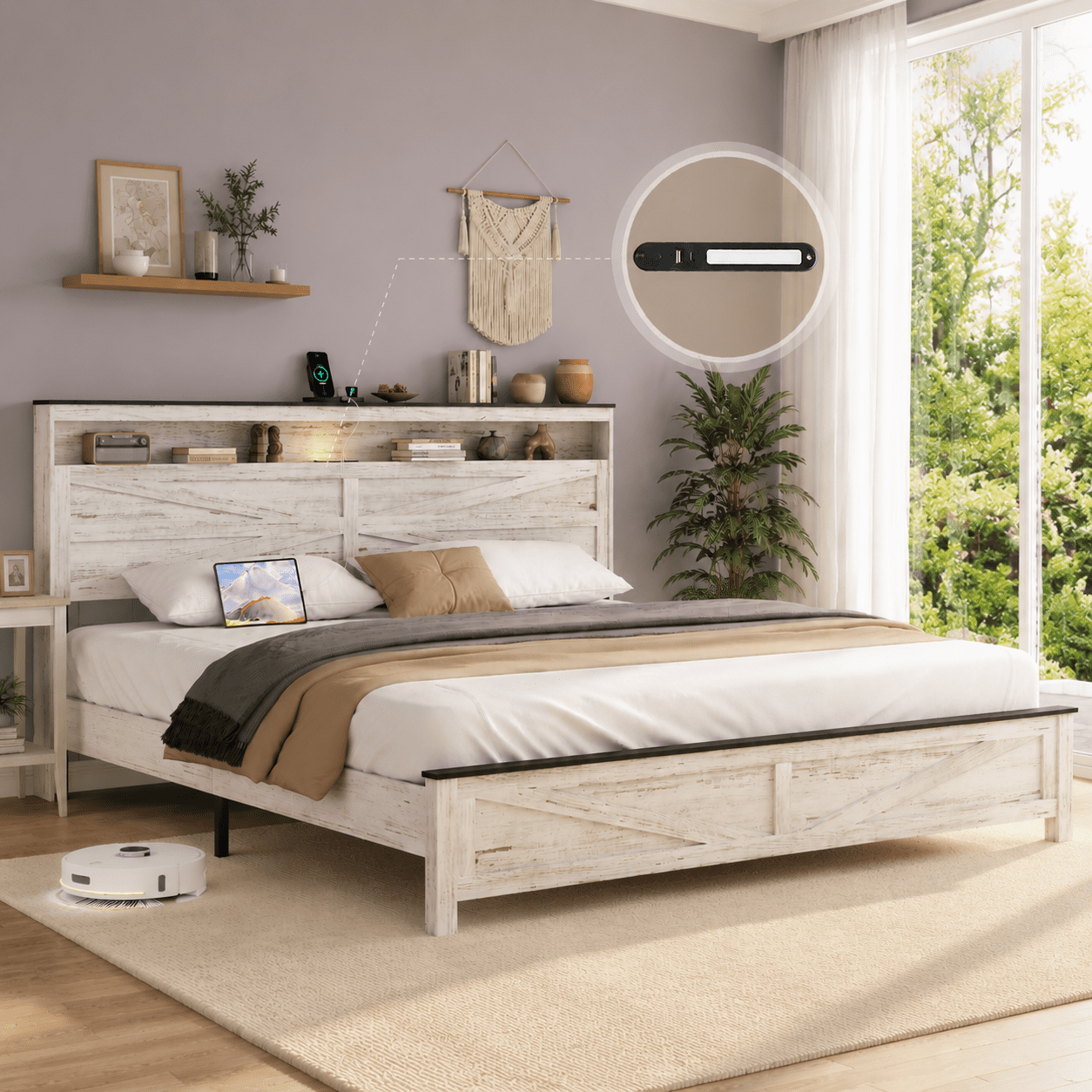 BSHTI King Bed Frame with 2-Tier Storage Headboard, Metal & Wood Platform Bed Frame with Built in Charging Station & LED Lights for Bedroom, Rustic Vintage Wood, No Box Spring Needed