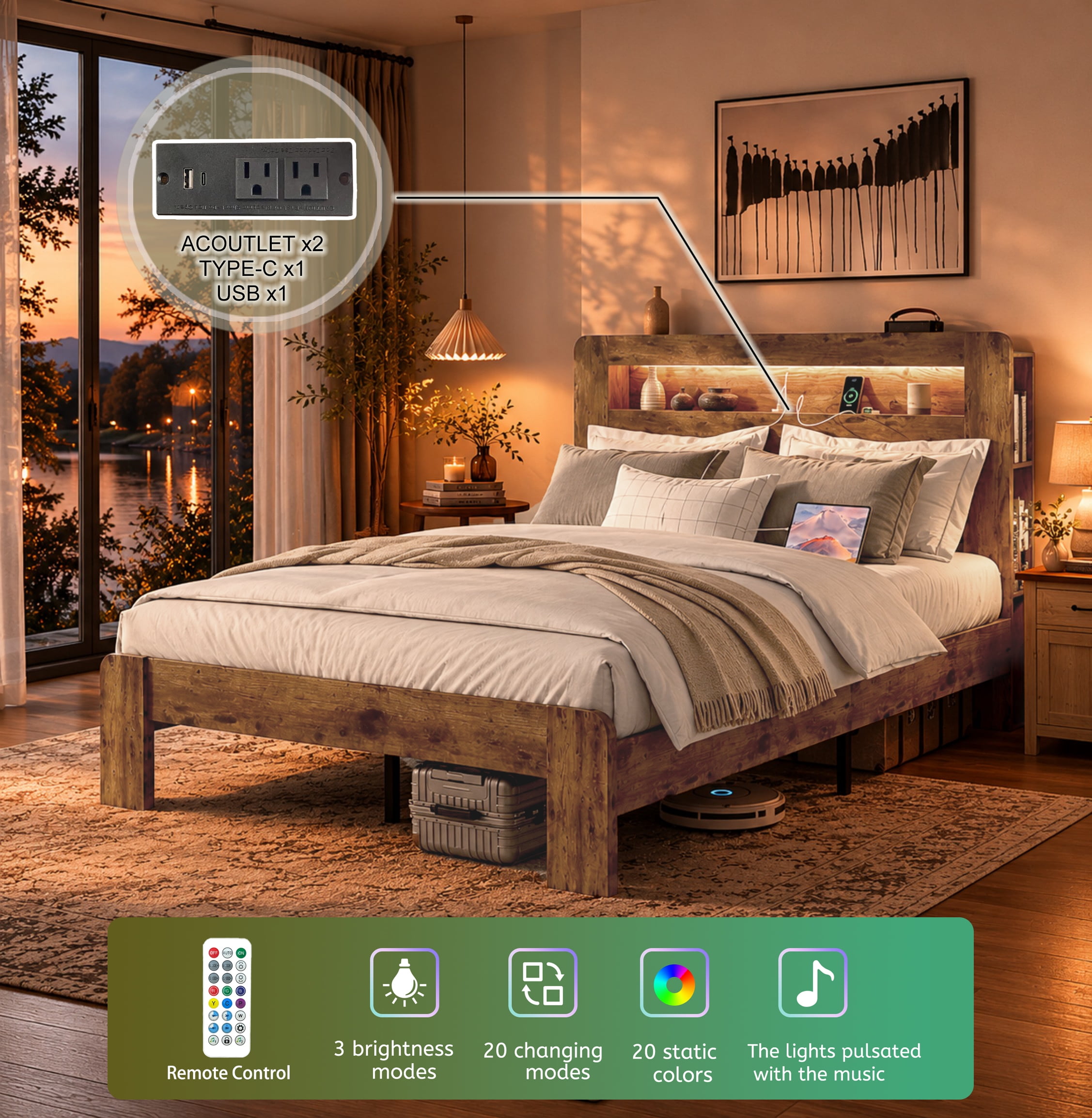 BSHTI King Wood Platform Bed Frame with 2-Tier Storage Headboard, Side Shelves, LED Lights, USB Charging Station for Bedroom(Vintage Brown)